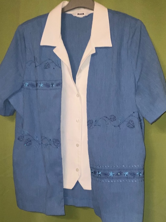 Alia Tops - 🤩Add-on🤩Alia Blue Embroidered Button-Up Shirt with White Placket